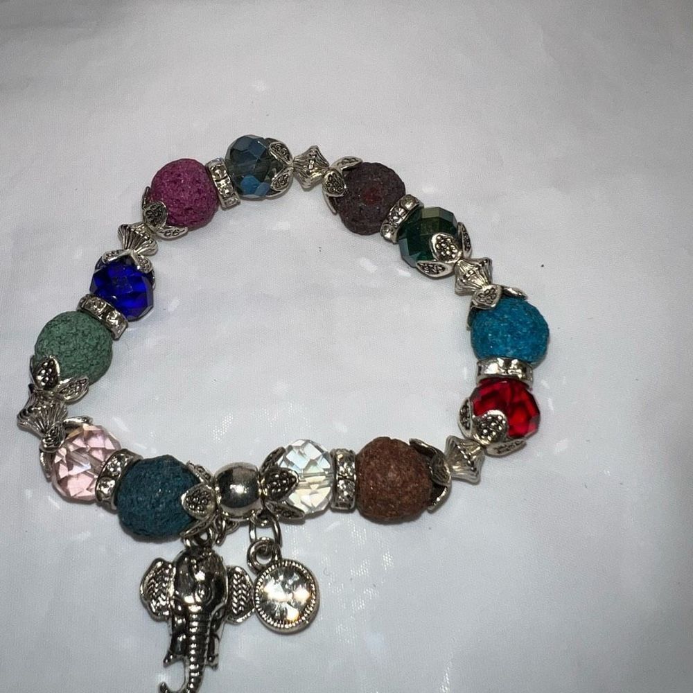 Silver Tone Colorful Lava Rock Bead Good Luck Elephant Charm Bracelet - Picture 4 of 7